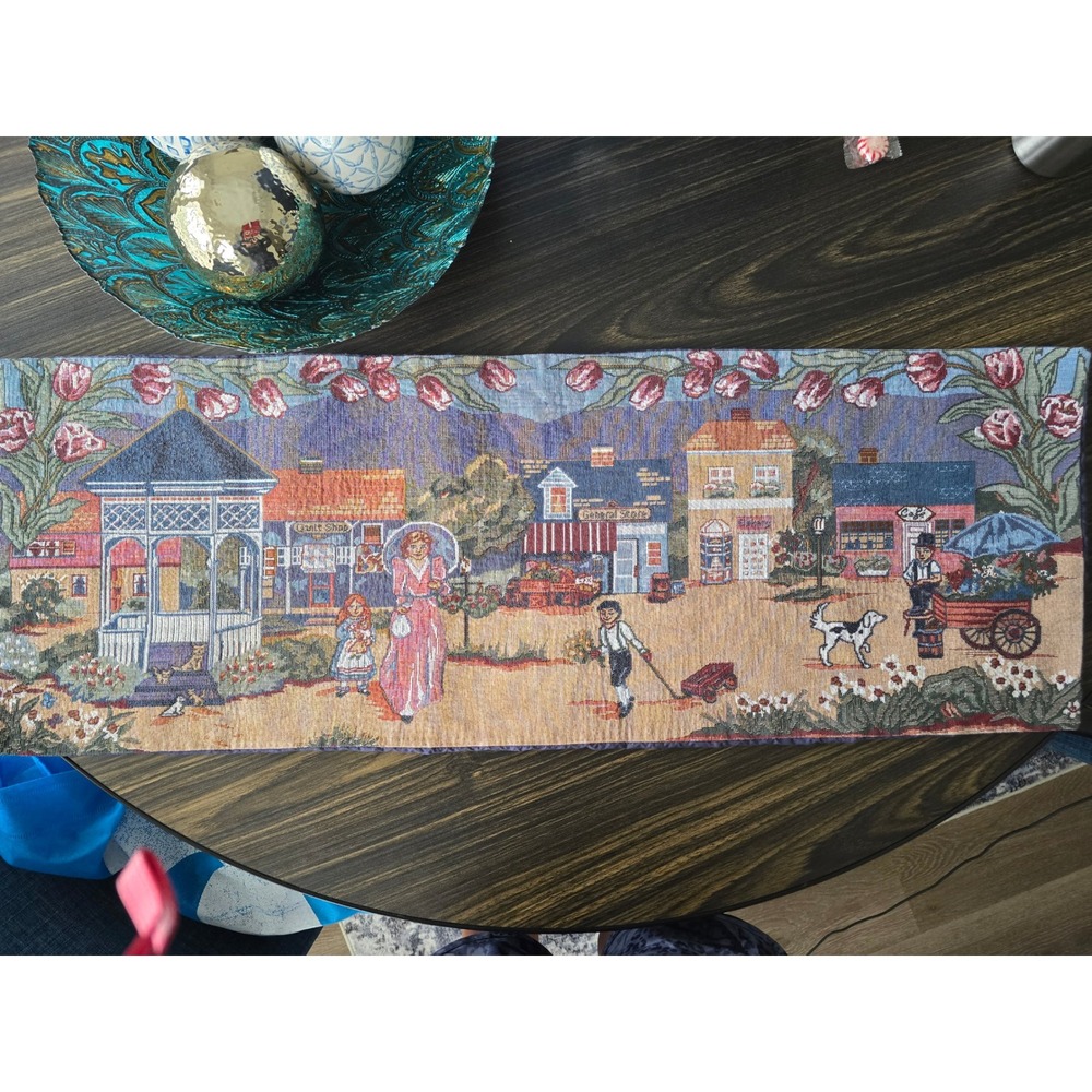 Tapestry Table Runner Village Scene Tulip Border Cottagecore Decor‎ 33x11